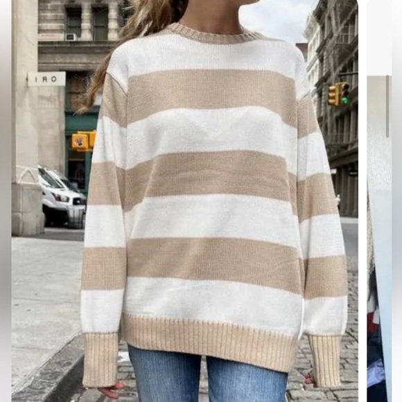 Brandy Melville Sweaters - Brandy Melville Tan and White Striped Sweater NWOT